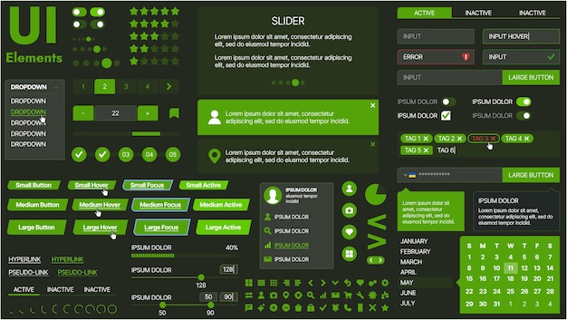 Vector a modern ui kit featuring a collection of buttons icons navigation menus and responsive design elements includes login forms media players search bars and calendars ideal for apps websites