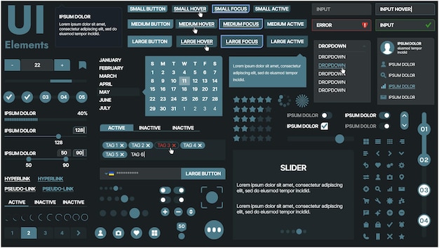 Vector a modern ui kit featuring a collection of buttons icons navigation menus and responsive design elements includes login forms media players search bars and calendars ideal for apps websites