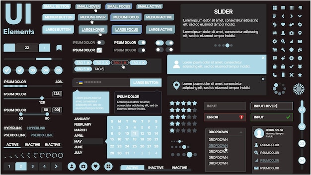 Vector a modern ui kit featuring a collection of buttons icons navigation menus and responsive design elements includes login forms media players search bars and calendars ideal for apps websites