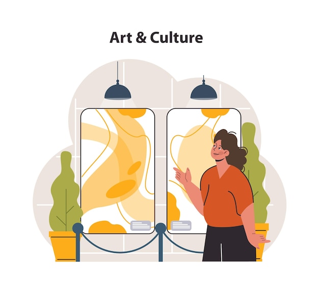 Vector modern wellbeing practice slow mindfull and sustainable living woman visiting gallery tourist enjoying classic artworks personal growth stress reduction and happiness flat vector illustration