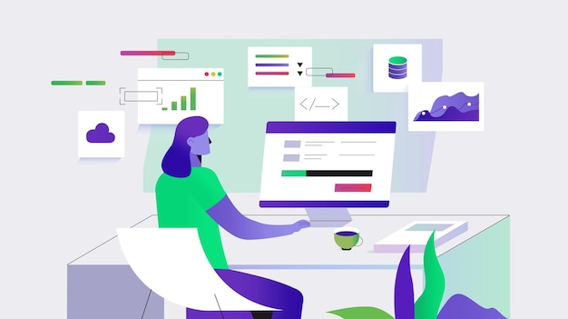 Vector modern workspace with coding data analysis and cloud technology elements design