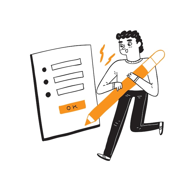 Vector modern young man holding a pencil trying to sign an online form,  hand drawn vector illustration.