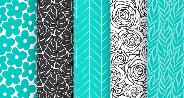 Vector monstera roses leaves geometric seamless pattern set