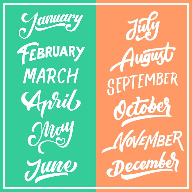 Vector months of the year hand drawn lettering typography 