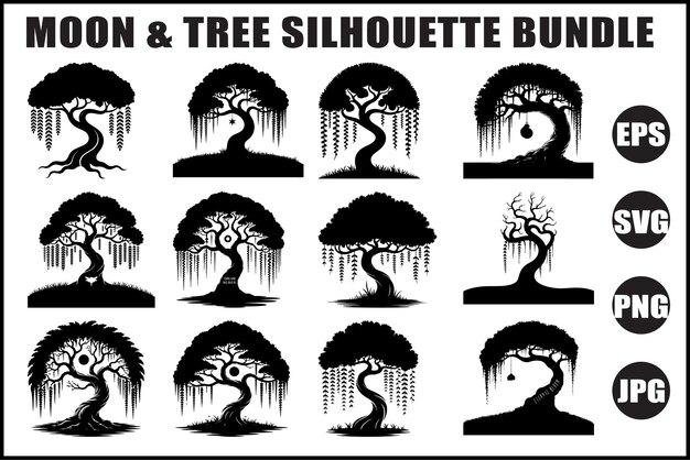 Vector moon amp tree silhouette svg set