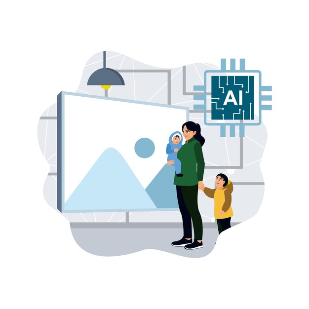 Vector a mother and two children embrace technology and artificial intelligence