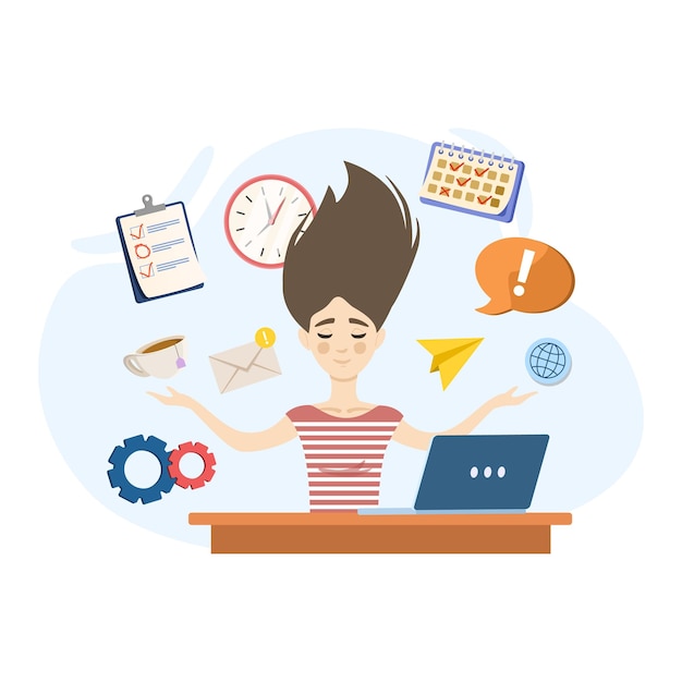 Vector multitasking female office worker managing her work at her