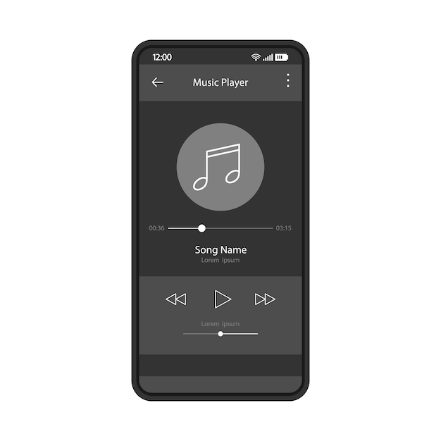 Vector music player app interface vector color template mobile application page black design layout media player navigation screen flat ui gui playing audio radio phone display