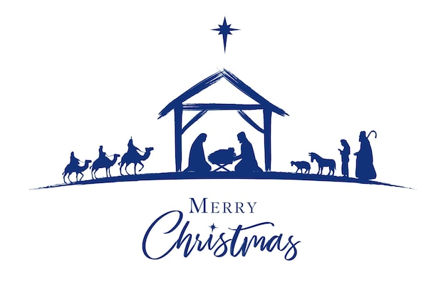 Vector nativity scene silhouette of holy family, shepherds and wise men. christmas story illustration.