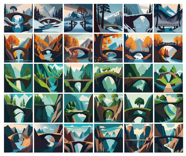 Vector a natural bridge between two mountains and all seasons