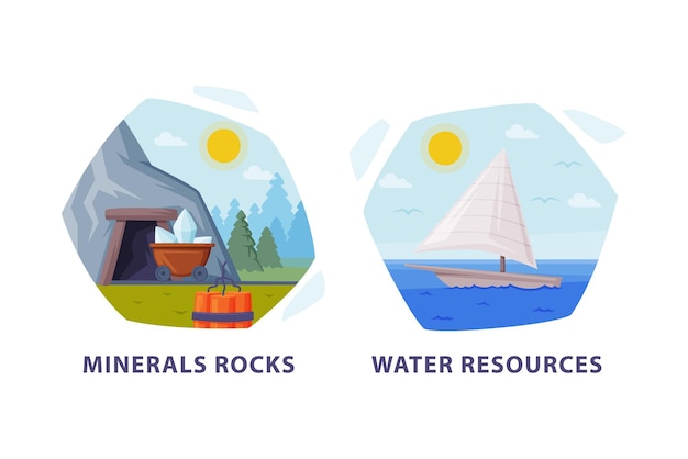 Vector natural resource with water and minerals hexagonal shape picture vector set