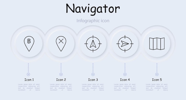 Vector navigator set icon b location pointer mark pointer tip map cross infographic up right asterisk neomorphism mark map chart orientation in space concept