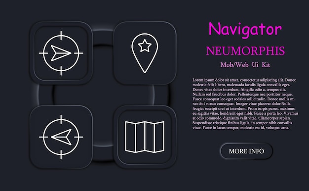 Vector navigator set icon b location pointer mark pointer tip map cross a up down left right asterisk pencil mark map neomorphism chart orientation in space concept