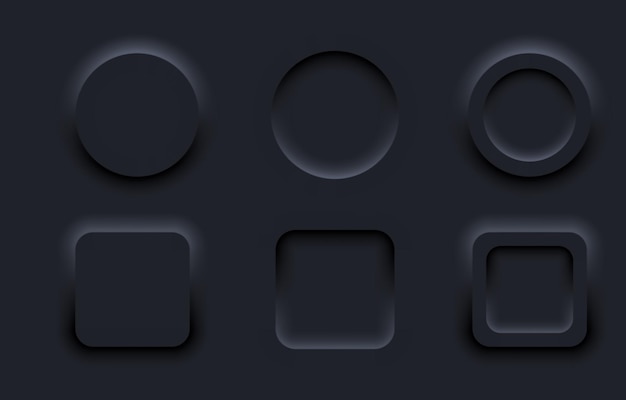 Vector neomorphic shapes set icon dark subtle 3dlike circular and square shapes with soft shadows representing the neomorphism design style ideal for modern ui elements with a smooth