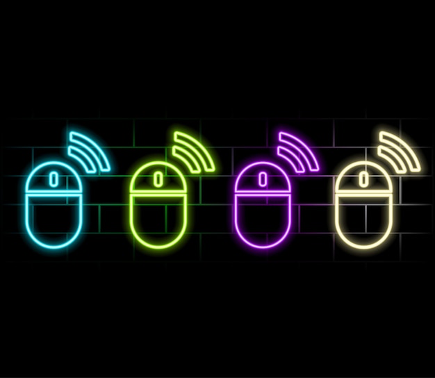 Vector neon computer mouse icon glowing neon mouse sign set of isolated gaming mouse device in different