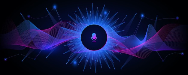Vector neon digital waves with microphone in center background