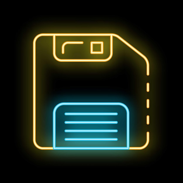 Vector neon floppy disk shining on black background