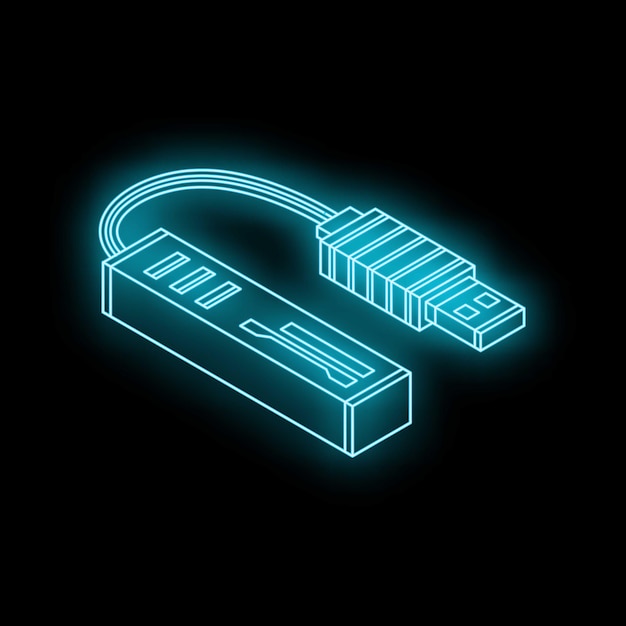 Vector neon icon of usb flash drive being plugged into card reader