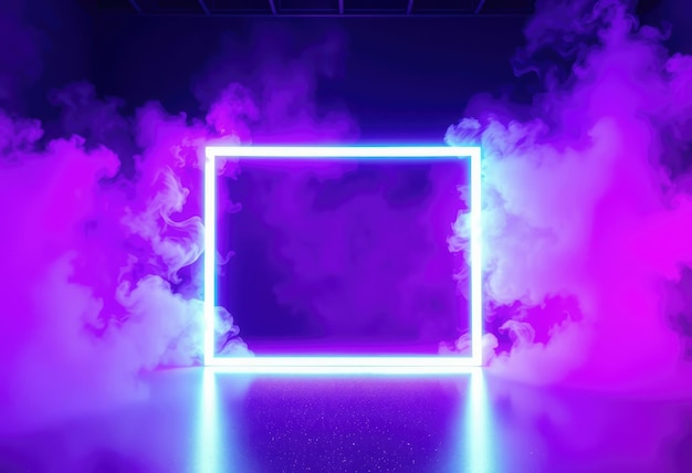 Vector neon light frame on water surface and smoke clouds