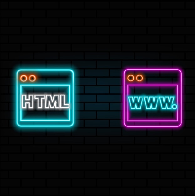 Vector neon style html html code on computer screen neon html concept colorful icon programming page icon i