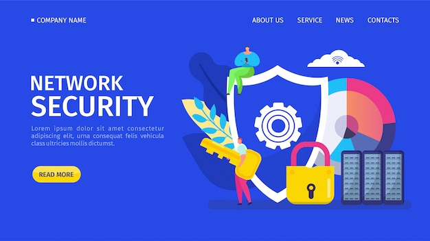 Vector network security landing   illustration. program detecting computer viruses and recovering infected files or operating system