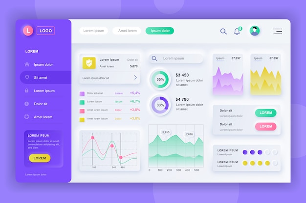 Vector neumorphic dashboard ui kit. admin panel template with infographic elements, hud diagram, info graphics. website dashboard for ui and ux design web page. neumorphism style.