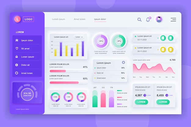 Vector neumorphic dashboard ui kit. admin panel template with infographic elements, hud diagram, info graphics. website dashboard for ui and ux design web page. neumorphism style.