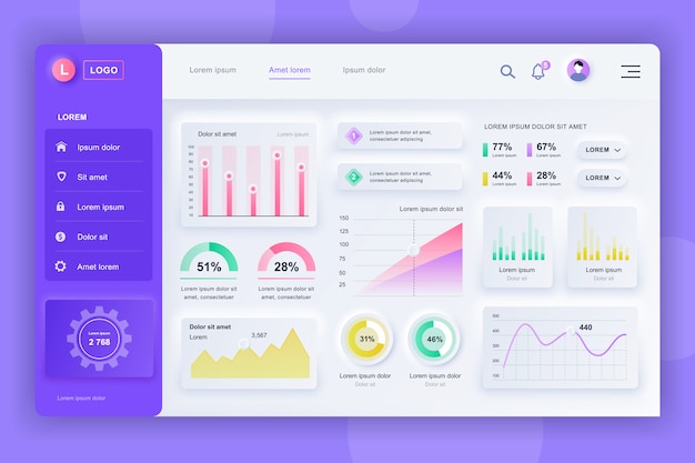Vector neumorphic dashboard ui kit. admin panel template with infographic elements, hud diagram, info graphics. website dashboard for ui and ux design web page. neumorphism style.