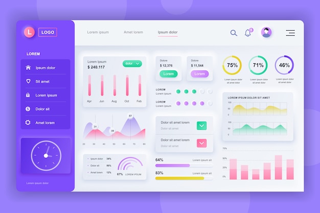 Vector neumorphic dashboard ui kit. admin panel template with infographic elements, hud diagram, info graphics. website dashboard for ui and ux design web page. neumorphism style.