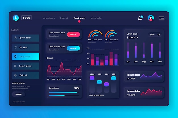 Vector neumorphic dashboard ui kit. admin panel template with infographic elements, hud diagram, info graphics. website dashboard for ui and ux design web page. neumorphism style.