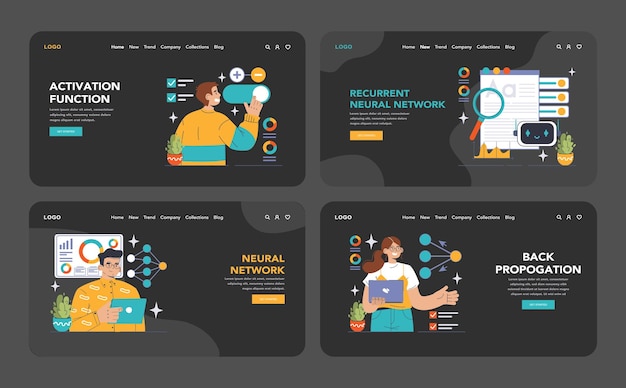 Vector neural network dark or night mode web or landing set machine learning key concepts convolutional