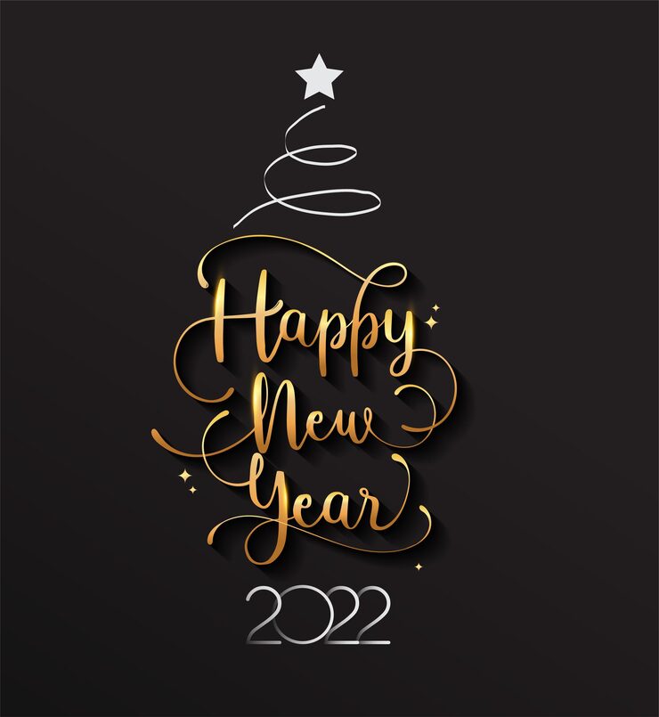 Vector new year 2022 handwritten lettering typography design with golden elegant color and christmas tree.