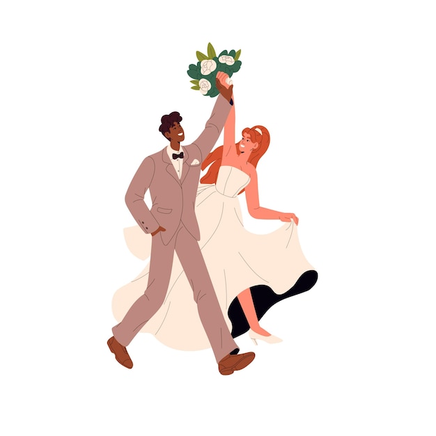 Vector newlywed family celebrates marriage happy interracial couple holds hands carries bridal flower bouquet cute bride in wedding dress bridegroom in suit flat isolated vector illustration on white
