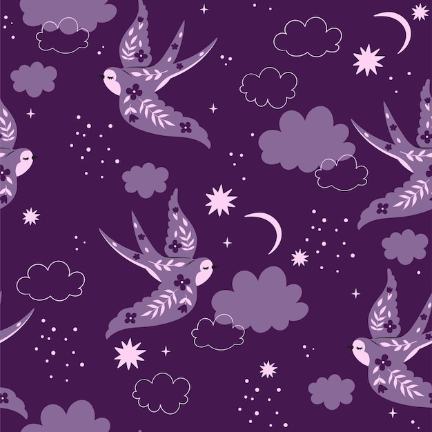 Vector night seamless pattern with swallows stars and clouds