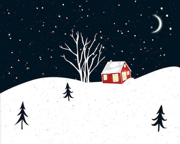 Vector night winter scene with small red house, trees silhouettes and falling snow. christmas card design.