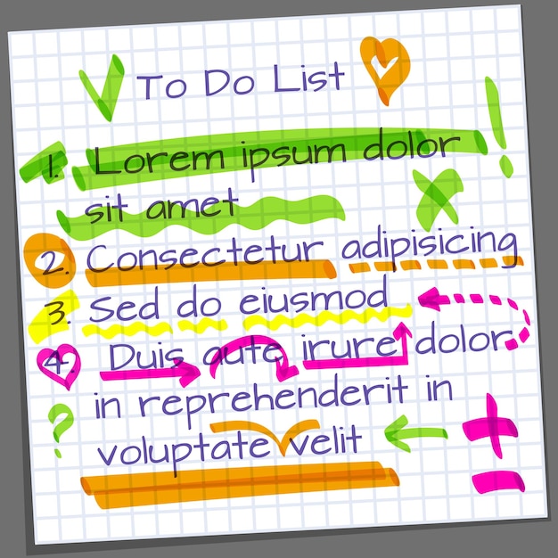 Vector notebook page with marker highlighter elements.