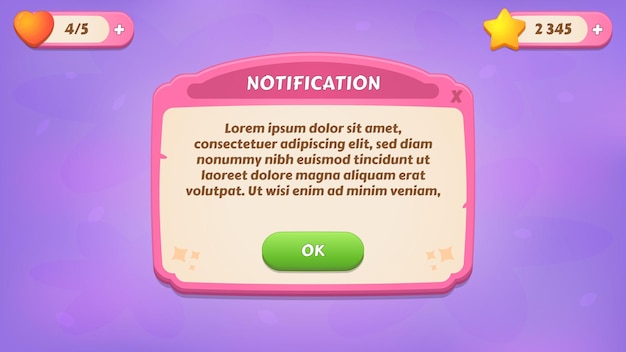 Vector notifications gui kit casual assets for a game mobile a set of user interface elements and popups for the game interface