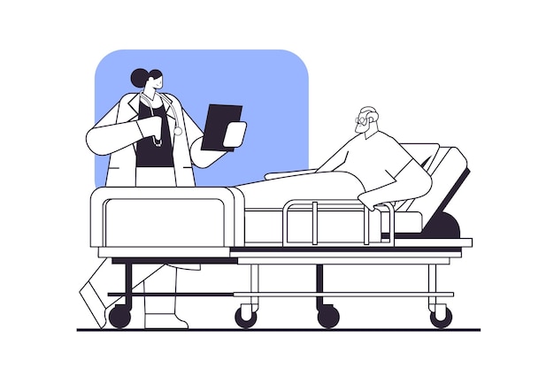 Vector nurse taking care of sick senior man patient lying in hospital bed care service concept horizontal linear vector illustration