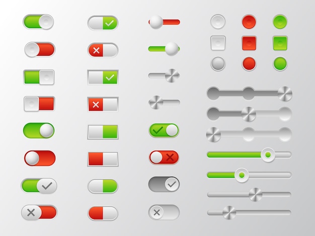 Vector on and off switch buttons ui design realistic menu elements web sliders with red and green marking 3d dashboard power switchers app interface turn icons vector panel toggles set