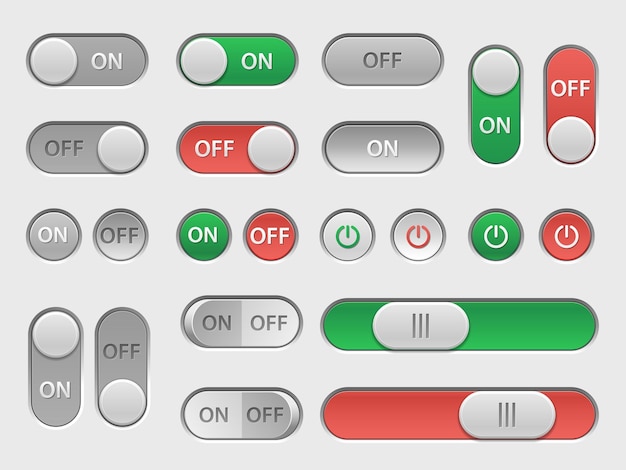 Vector on off switch user interface toggles and sliders touch elements web site and phone application round buttons vector control panel and settings ui set