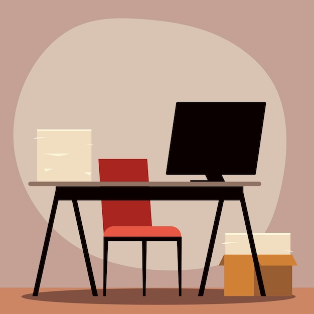 Vector office desk computer chair and paper stack  illustration
