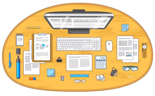 Vector office desk workspace top view with pc computer and analytics papers with graphs and data and stationery objects on table. all elements are easy to use separately or recompose illustration. vector.
