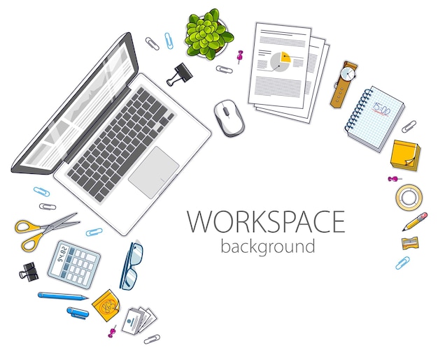Vector office desk workspace top view with pc computer and diverse stationery objects for work with copy space for text. all elements are easy to use separately or recompose the illustration. vector.