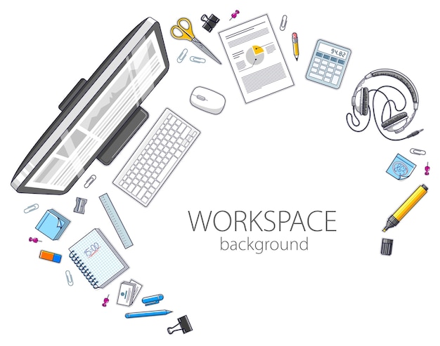 Vector office desk workspace top view with pc computer and diverse stationery objects for work with copy space for text. all elements are easy to use separately or recompose the illustration. vector.