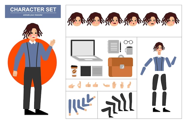 Vector office man character constructor with various views face emotions poses gestures and office tools