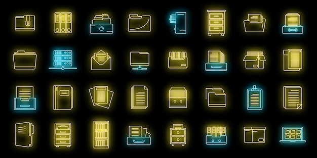 Vector office storage of documents icons set vector neon