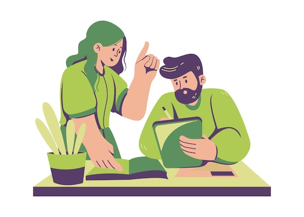 Vector office worker having discussion with colleague flat style illustration