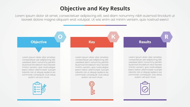 Vector okr objectives and key results framework infographic concept for slide presentation with big table arrow header badge with 3 point list with flat style