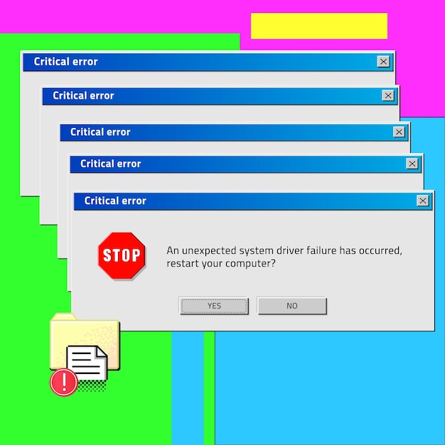 Vector old computer critical error notification os message pc restart dialog window ui frame buttons choice desktop screen driver failure screen interface notice text vector retro banner