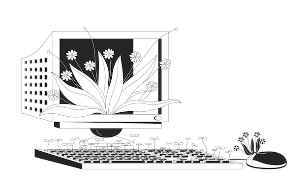 Vector old computer with wild plants black and white 2d illustration concept